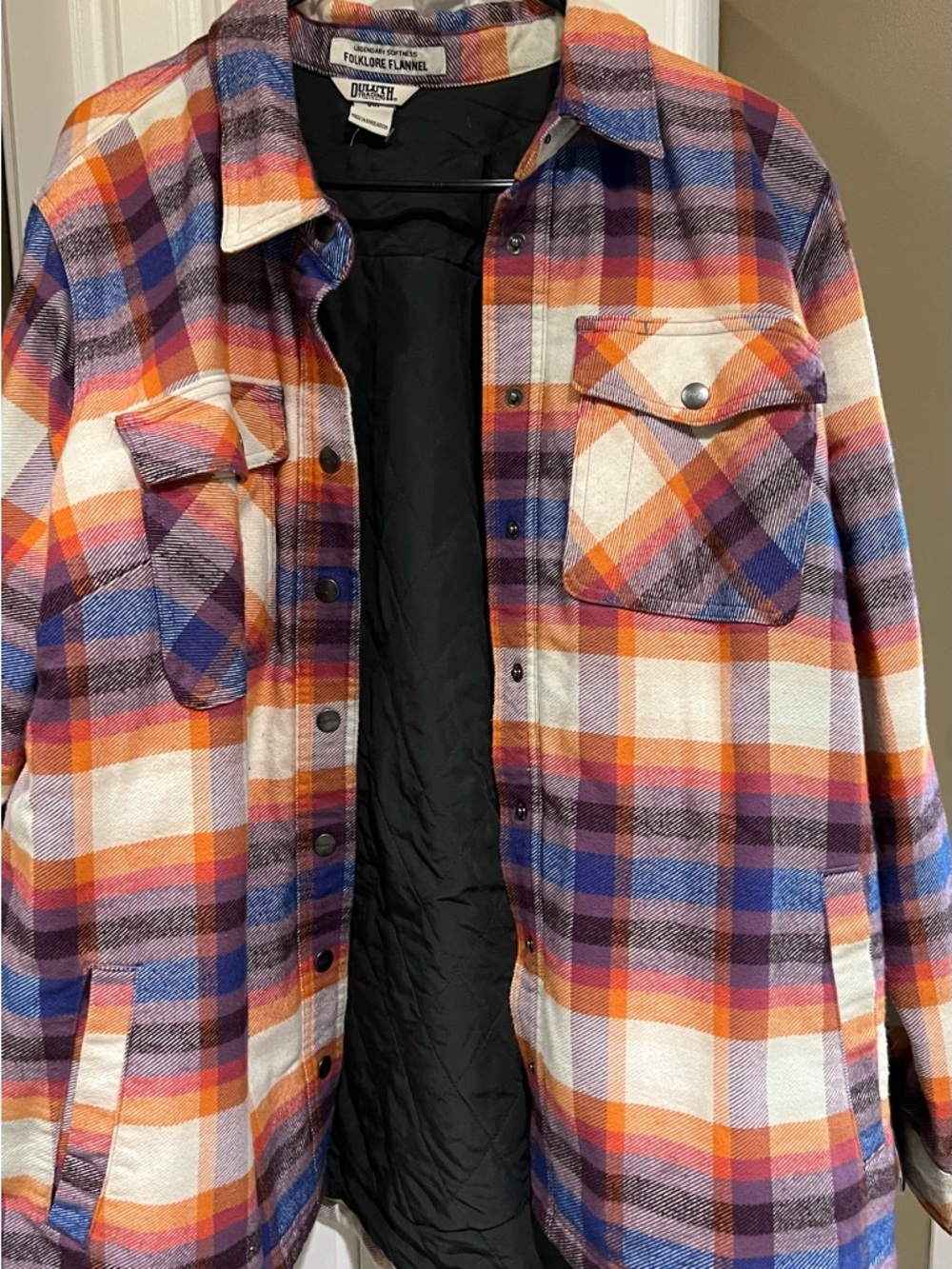 Duluth Trading Co Orange, Purple & White Plaid Quilted Shirt Jacket